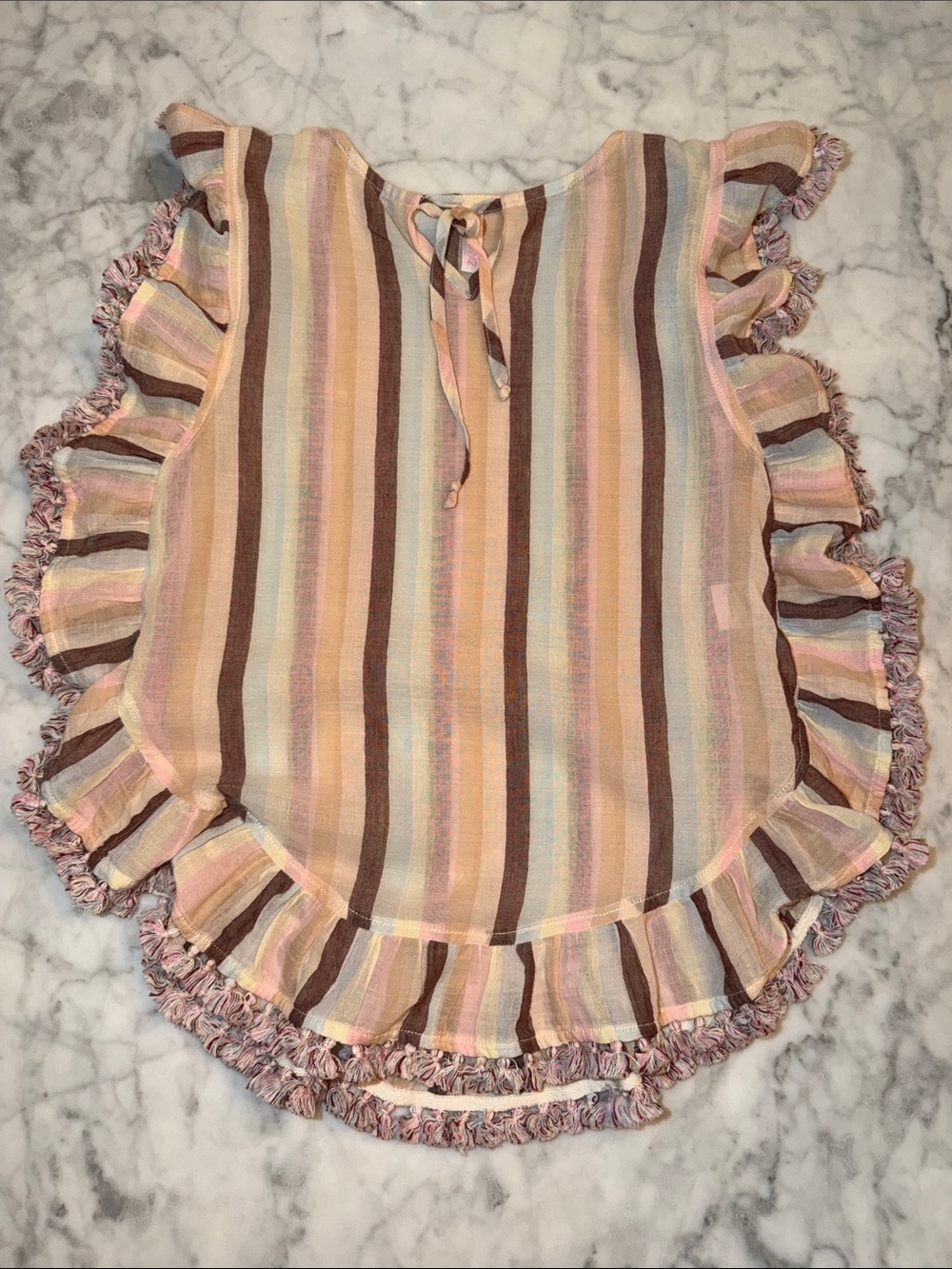 Zimmermann Pastel Striped Ruffle Tunic Coverup - Pink, Brown & Cream 2Y